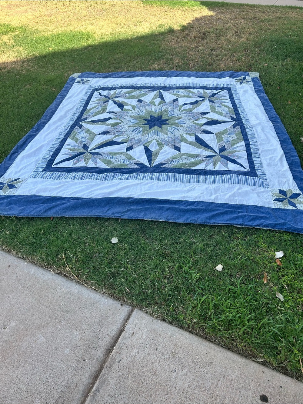 Handmade and machine Star Patchwork Quilt - Blue, White & Green